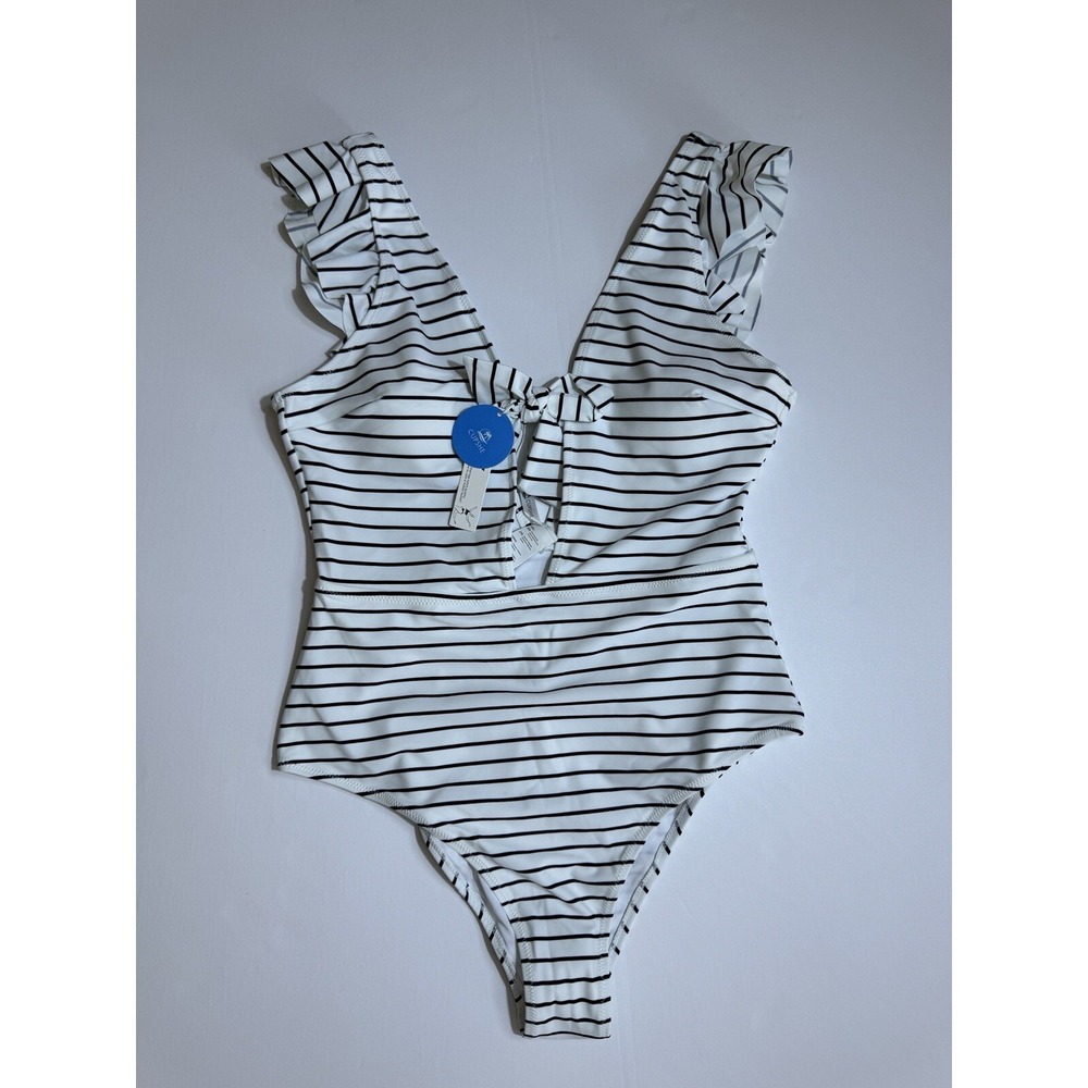 CUPSHE Women's Swimsuit One Piece White Striped Deep V Neck Bathing Suit Sz‎ L